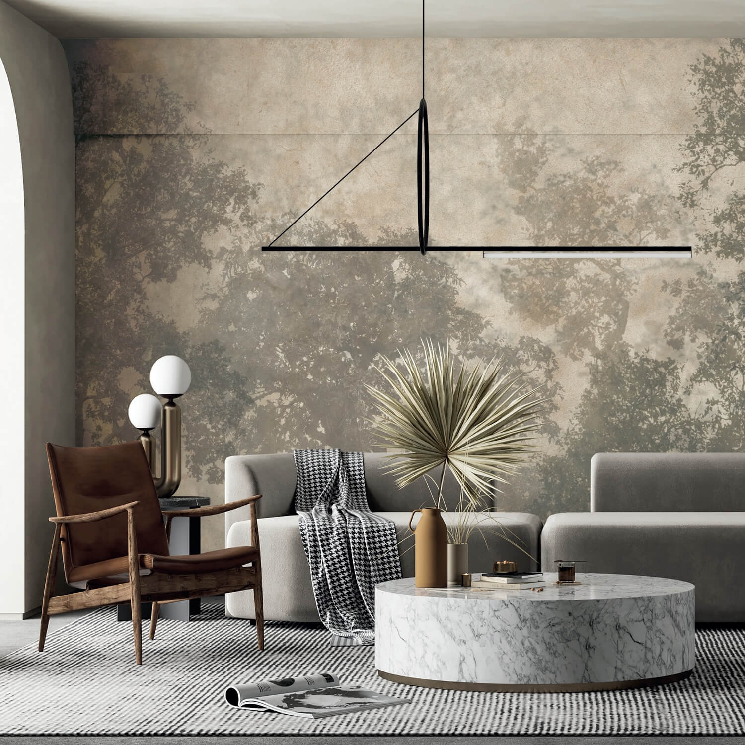 Designer mural wallcovering in a contemporary interior